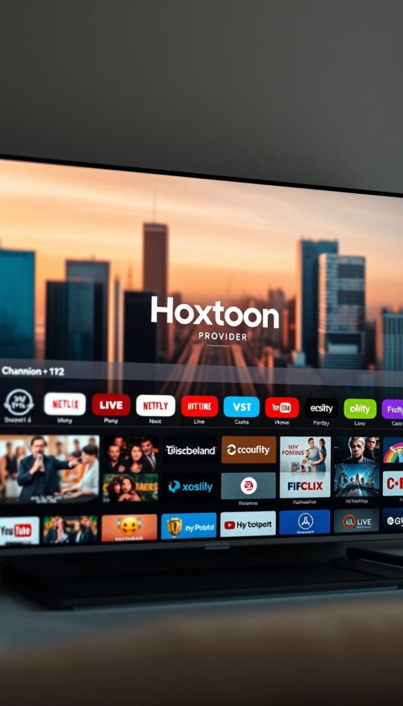 A modern, sleek 4K IPTV service interface displayed on a high-resolution television screen. The Hoxtoon Provider logo prominently featured in the center, surrounded by an array of streaming channels, live TV programs, and on-demand content icons. The scene is bathed in warm, natural lighting, with a subtle depth of field effect to draw the viewer's attention to the main subject. The background is a minimalist, slightly blurred cityscape, conveying a sense of a cutting-edge, urban entertainment experience. The overall mood is one of sophistication, technology, and high-quality visual fidelity.
