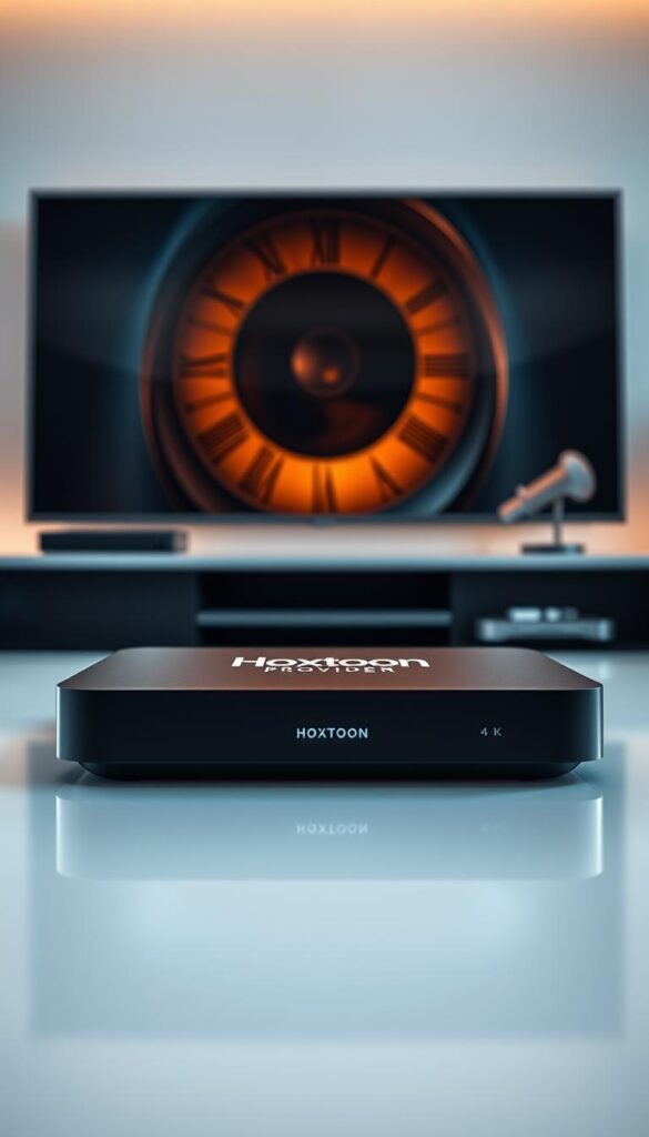 A modern, sleek 4K streaming device with the Hoxtoon Provider logo prominently displayed on its front panel. The device is positioned in a minimalist, well-lit home entertainment setup, with a high-end TV screen in the background, casting a warm glow. The scene conveys a sense of sophistication, reliability, and cutting-edge technology, suggesting Hoxtoon as a premium IPTV service provider. The lighting is soft and diffused, creating depth and dimensionality, while the camera angle is slightly elevated to give an authoritative, prestigious impression. The overall mood is one of quality, refinement, and the promise of an exceptional streaming experience.