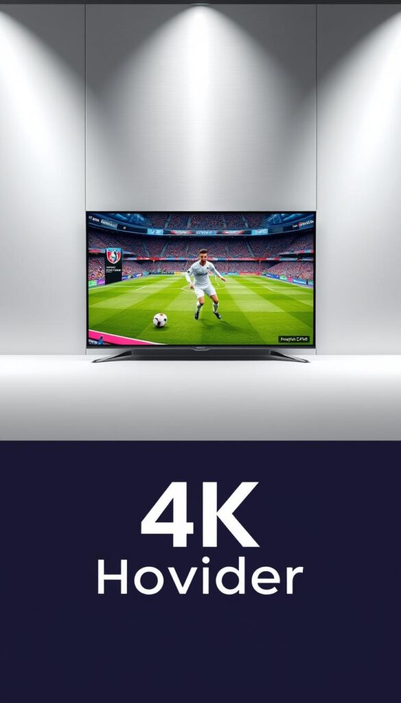 A modern, sleek 4K streaming service display showcasing the Hoxtoon Provider brand. Set in a minimalist, well-lit studio environment with a pristine, brushed metal surface as the background. Prominently featured is a high-resolution, 4K video feed of a FIFA match, with vivid colors and crisp details. In the foreground, the Hoxtoon Provider logo is elegantly displayed, conveying a sense of premium quality and reliability. The overall composition exudes a professional, tech-savvy atmosphere, highlighting Hoxtoon Provider as the premier IPTV service for seamless 4K FIFA streaming.