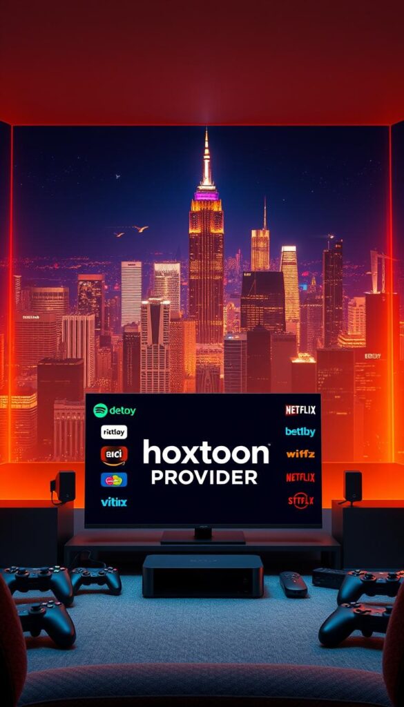 A modern, sleek composition showcasing the evolution of streaming services in the United States. In the foreground, a stylized TV display featuring the Hoxtoon Provider logo, surrounded by remote controls, gaming controllers, and streaming devices. The middle ground depicts various popular streaming platforms, each with distinct branding and iconography. In the background, a cityscape with skyscrapers and a vibrant, neon-tinged night sky, symbolizing the growth and technological advancement of the industry. The scene is illuminated by warm, directional lighting, creating a sense of depth and atmosphere. The overall tone is one of progress, innovation, and the seamless integration of entertainment and technology.