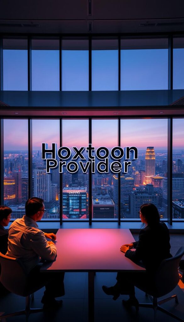 A modern, sleek office interior with large windows overlooking a vibrant cityscape. In the center, a prominent display showcases the Hoxtoon Provider logo, rendered in glossy 3D typography that commands attention. The space is illuminated by warm, directional lighting that casts dramatic shadows, creating a sense of depth and drama. In the foreground, a group of professionals are engaged in a collaborative meeting, their expressions focused and determined. The overall atmosphere exudes a sense of professionalism, innovation, and the power of Hoxtoon Provider as America's premier IPTV service.
