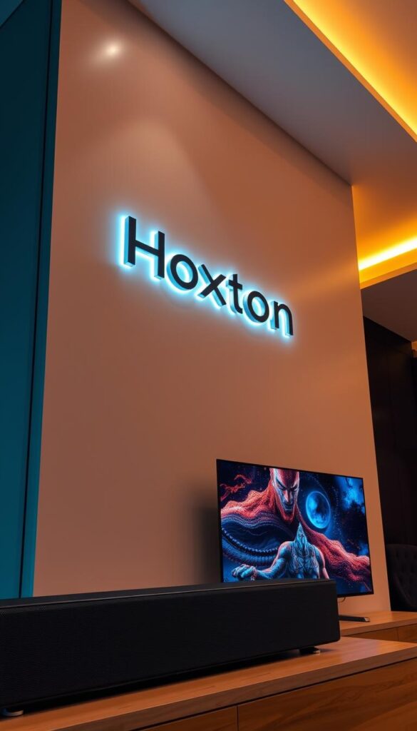 A modern, sophisticated office interior with the "Hoxtoon Provider" logo prominently displayed on a sleek, minimalist wall panel. Warm, indirect lighting bathes the scene in a soft, inviting glow. In the foreground, a curved, high-quality soundbar or speaker system commands attention, hinting at the brand's commitment to audio excellence. The middle ground features a large, 4K television screen showcasing sharp, vibrant imagery, conveying the premium IPTV experience. The background includes subtle, high-tech design elements that reinforce the innovative, cutting-edge nature of the Hoxtoon Provider service.