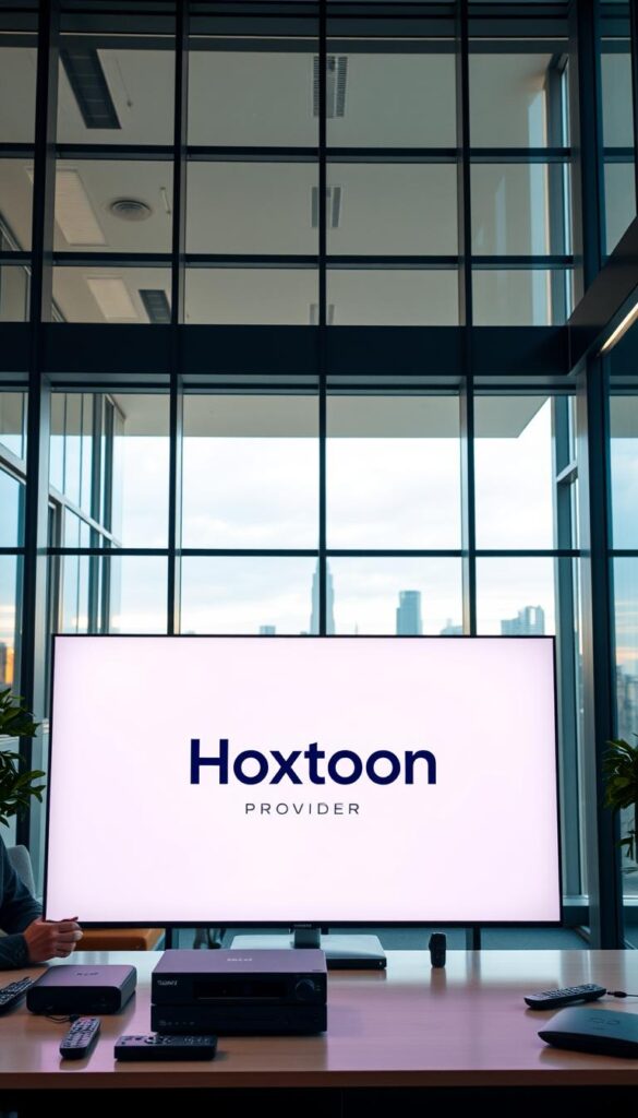 A modern, well-designed office space with a sleek glass-and-steel aesthetic. In the foreground, a large TV screen displays the "Hoxtoon Provider" brand logo, surrounded by various IPTV streaming devices and remote controls. The middle ground features a group of people - an executive, a technician, and a customer - engaged in a discussion, highlighting the growth and adoption of IPTV services in the United States. The background showcases a cityscape through floor-to-ceiling windows, conveying a sense of technological progress and urbanization. The lighting is warm and diffused, creating a professional and inviting atmosphere.