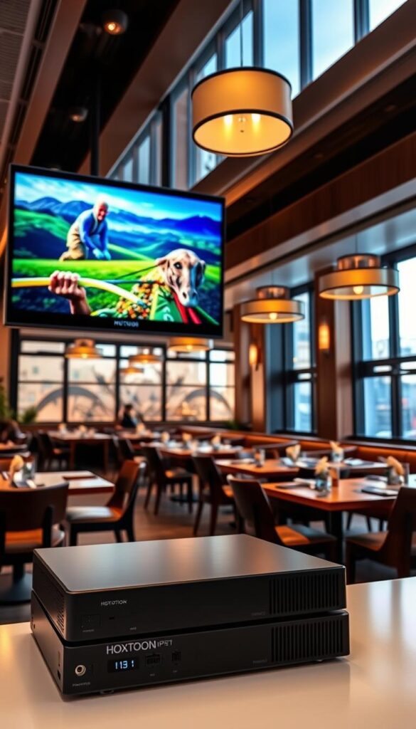A modern, well-lit 4K IPTV display system set up in a cozy, upscale restaurant interior. The screen shows vibrant, high-quality visuals with exceptional detail and clarity. In the foreground, sleek Hoxtoon Provider hardware components are neatly arranged, indicating a professional-grade IPTV solution. The mid-ground features stylish restaurant furnishings, including wooden tables, leather seating, and warm lighting fixtures, creating a sophisticated ambiance. The background showcases a panoramic view of the restaurant's interior, with large windows allowing natural light to pour in. The overall scene conveys a sense of technological integration and elevated dining experience.