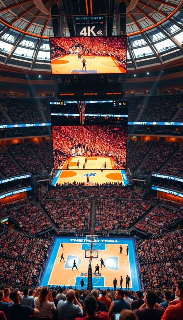 A pristine sports arena with a massive 4K resolution video screen above the field, showcasing a high-intensity basketball game in vivid detail. The audience is captivated, their faces lit by the brilliant display. Hoxtoon Provider's IPTV 4K sports package delivers this immersive viewing experience, placing the viewer right in the heart of the action with exceptional clarity and color fidelity. Warm, golden lighting illuminates the scene, creating a sense of energy and excitement. The camera angle is wide, capturing the scale and grandeur of the stadium, while also providing a clear view of the dynamic gameplay unfolding on the court.