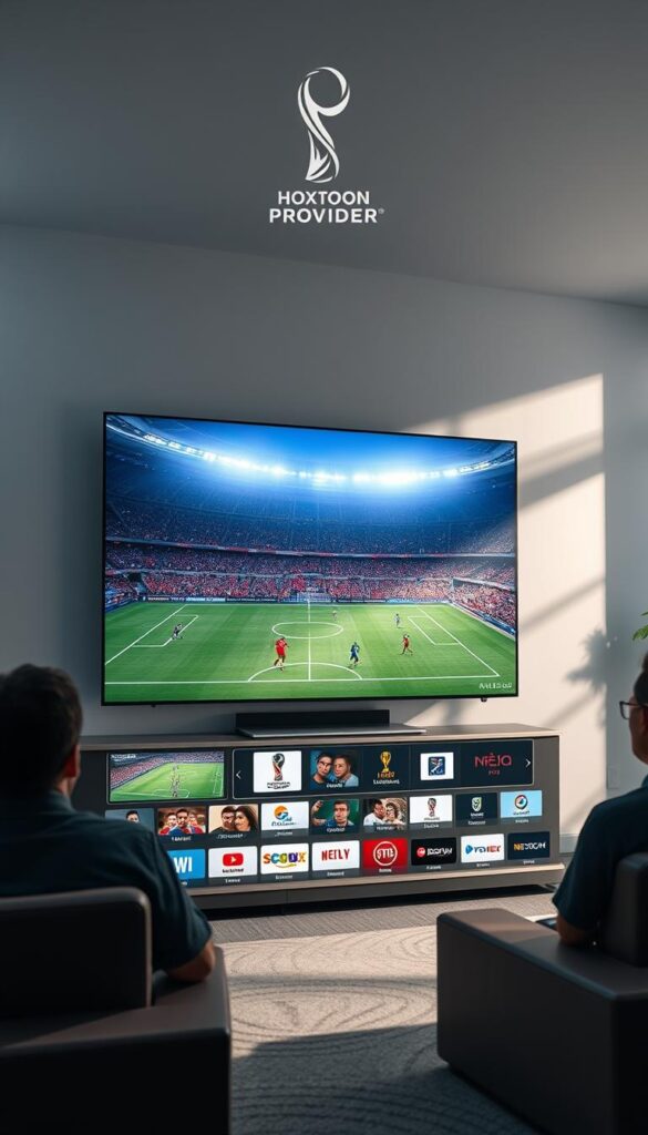A sleek and modern 4K IPTV service, Hoxtoon Provider delivers the ultimate soccer World Cup viewing experience. The interface displays crisp, high-resolution match footage, with vivid colors and precise details. A minimalist design frames the content, allowing the viewer to fully immerse themselves in the game. Soft, indirect lighting accentuates the clean lines and subtle textures of the user interface, creating a premium, cinematic atmosphere. Wide-angle shots showcase the comprehensive channel lineup, while close-ups highlight the intuitive controls and personalization options. The Hoxtoon Provider brand identity is subtly integrated, with a sleek logo and refined typography that complement the overall aesthetic. This comprehensive IPTV solution elevates the soccer World Cup viewing experience to new heights.