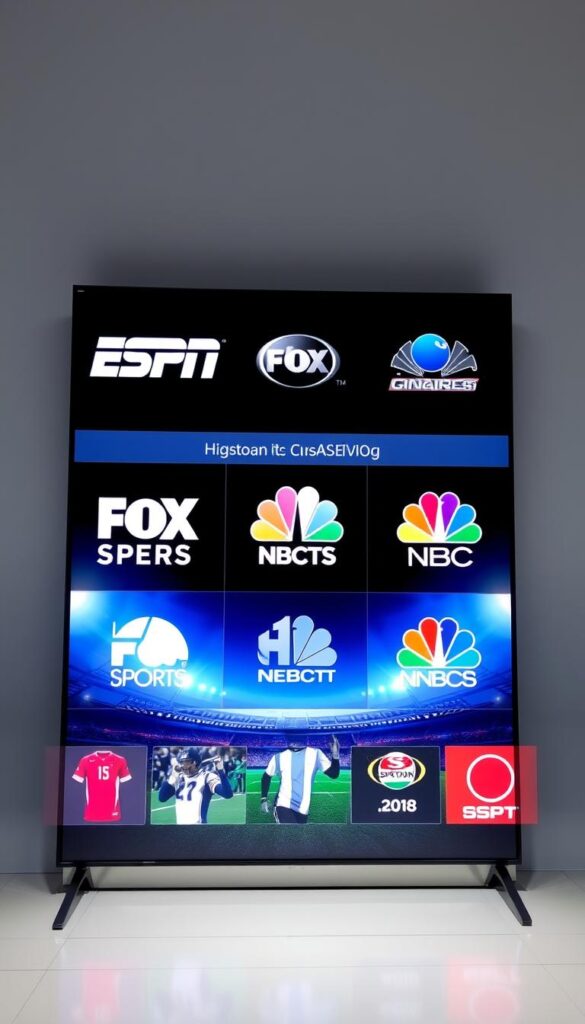 A sleek and modern digital display showcasing the Hoxtoon Provider's comprehensive sports channel lineup. The foreground features high-definition logos of popular sports networks like ESPN, Fox Sports, and NBC Sports, arranged in a visually striking grid layout. The middle ground depicts sports icons and imagery, such as jerseys, balls, and stadium silhouettes, hinting at the wide range of live events covered. The background has a clean, minimalist design with a soft gradient, conveying a sense of professionalism and technological sophistication. The lighting is bright and crisp, creating a clear, detailed image. The overall composition and color palette evoke a premium, premium-subscription feel, highlighting the quality and breadth of Hoxtoon's sports channel offerings.