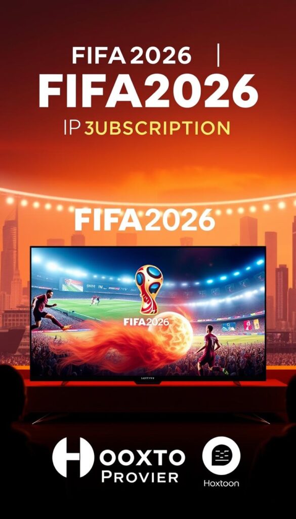A sleek and modern illustration of the "FIFA2026 IPTV Subscription" offered by the Hoxtoon Provider. In the foreground, a high-definition display showcases the thrilling FIFA 2026 World Cup action, with players in dynamic motion captured in cinematic clarity. The middle ground features the Hoxtoon Provider branding, prominently displayed in a stylized, minimalist design. The background sets the scene with a futuristic cityscape, hinting at the global reach and technological advancements that enable this immersive sports viewing experience. Warm, vibrant lighting casts a sense of excitement and anticipation, reflecting the pivotal moment in sports history that the FIFA 2026 World Cup represents.
