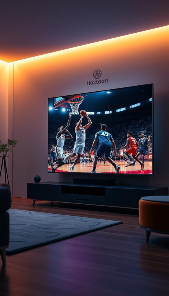 A sleek, high-definition sports streaming experience. In the foreground, a large, ultra-sharp display showcases an intense basketball game, with players in crisp detail. Ambient studio lighting casts a warm, cinematic glow, while a modern, minimalist entertainment center frames the scene. In the background, a Hoxtoon Provider logo subtly signifies the cutting-edge IPTV technology powering this revolutionary sports viewing. The overall atmosphere exudes a sense of immersion, excitement, and the future of sports entertainment.