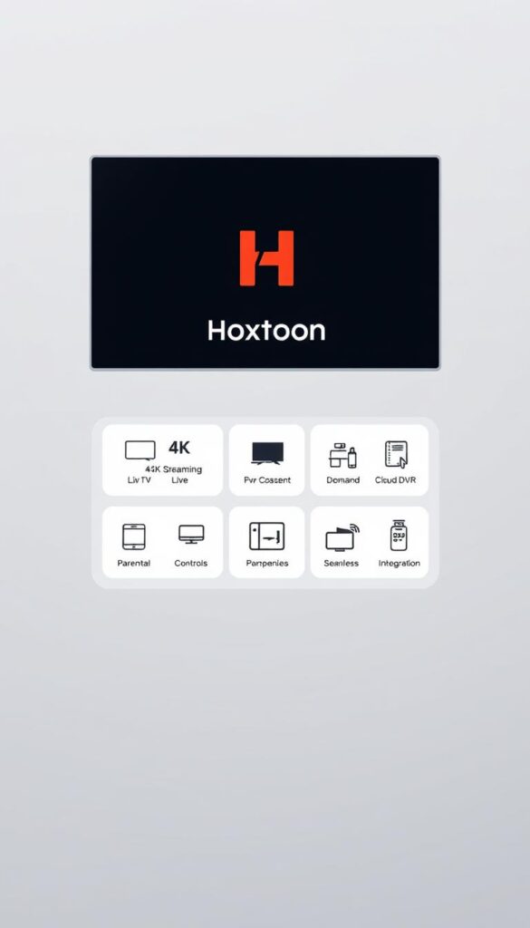 A sleek, minimalist illustration of the Hoxtoon Provider IPTV service features. In the foreground, a floating window showcases the Hoxtoon logo and a selection of icons representing the service's key capabilities - 4K streaming, live TV channels, on-demand content, and cloud DVR. The middle ground features a clean, abstract grid layout highlighting additional features like parental controls, multi-device support, and seamless integration. The background is a soft, muted gradient, creating a sense of depth and sophistication. The overall aesthetic is modern, visually compelling, and aligns with the article's focus on Hoxtoon's premium IPTV offering.