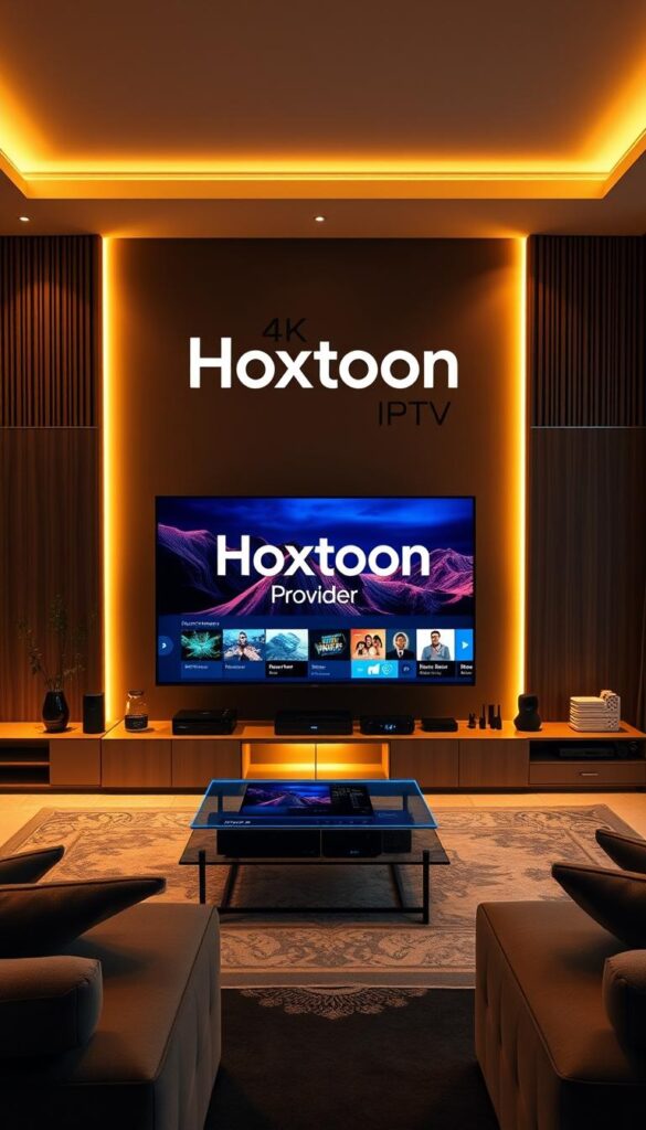 A sleek, modern 4K IPTV service setup with the Hoxtoon Provider logo prominently displayed. The scene depicts a living room or entertainment center, with a large 4K TV in the center, surrounded by various streaming devices and smart home accessories. The lighting is warm and inviting, creating a cozy atmosphere. The TV displays crystal-clear 4K content, showcasing the impressive visual fidelity of the Hoxtoon 4K IPTV service. The room is filled with high-end, minimalist furniture, and the overall design conveys a sense of luxury and technological sophistication.