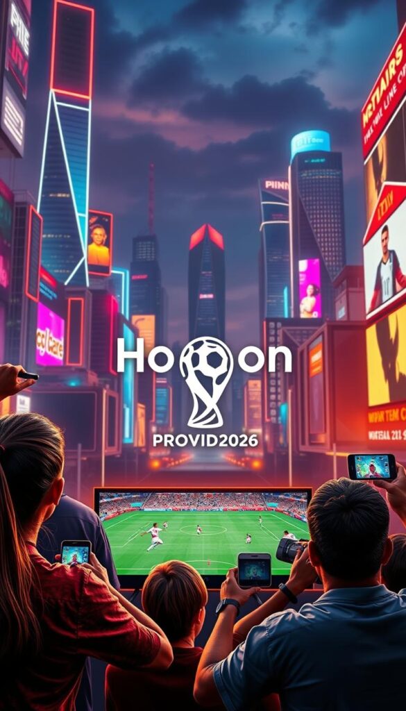 A sleek, modern logo for the "Hoxtoon Provider" brand stands prominently in the center of the frame, surrounded by a dynamic, futuristic cityscape featuring towering skyscrapers, neon-lit billboards, and a vibrant night sky. In the foreground, a group of passionate soccer fans excitedly watch a high-definition live broadcast of the FIFA 2026 World Cup match on their various devices, immersed in the action. The scene is illuminated by warm, cinematic lighting that enhances the sense of energy and excitement, capturing the thrill of the IPTV experience.