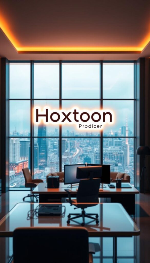 A sleek, modern office interior with a large window overlooking a bustling city skyline. In the center of the frame, a striking logo for the "Hoxtoon Provider" brand is displayed on the wall, illuminated by warm, directional lighting. The logo is clean and minimalist, reflecting the company's focus on innovation and high-quality service. In the foreground, a stylish, ergonomic desk with a high-end computer setup is visible, hinting at the technological capabilities of the Hoxtoon platform. The middle ground features a comfortable seating area, where potential customers can consult with Hoxtoon representatives about the latest IPTV offerings. The background is slightly blurred, emphasizing the Hoxtoon brand as the focal point of the image. The overall atmosphere is one of professionalism, cutting-edge technology, and a commitment to delivering the best possible IPTV experience to customers.