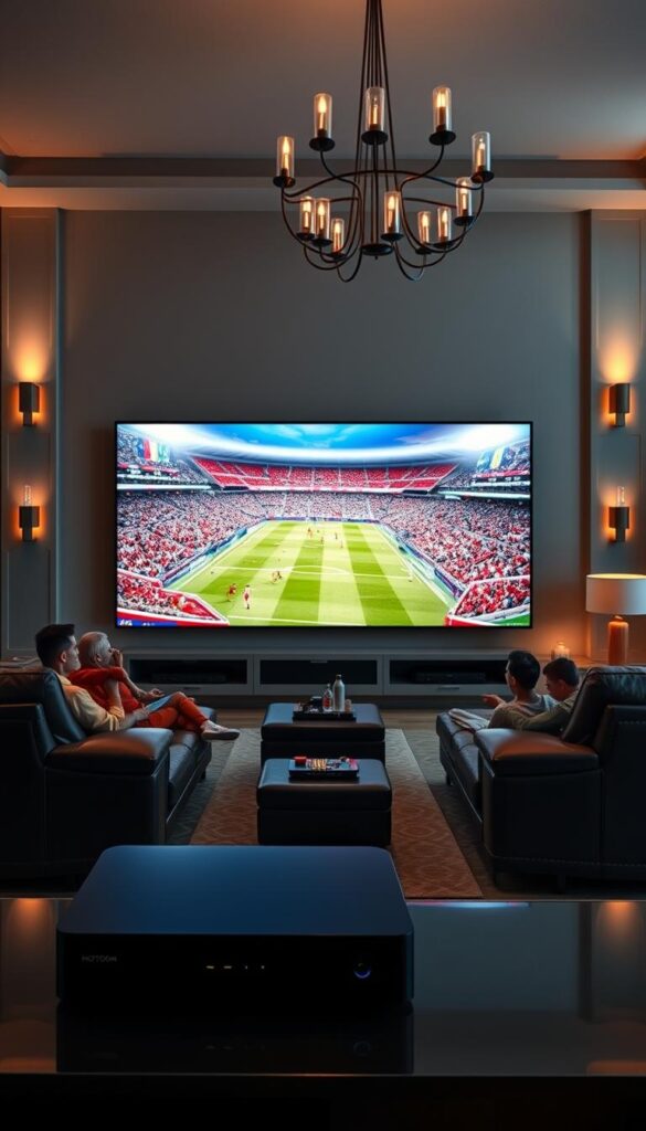 A spacious living room with a massive 4K television screen, its display showcasing the vibrant colors and sharp details of a World Cup match. Plush leather couches and recliners provide comfortable seating for a group of sports enthusiasts, immersed in the action. Indirect lighting from sleek sconces and a modern chandelier creates a warm, cinematic ambiance. In the foreground, a Hoxtoon Provider set-top box sits on a sleek entertainment unit, seamlessly delivering the 4K IPTV feed. The room's neutral tones and contemporary decor complement the high-tech viewing experience, delivering the ultimate World Cup experience.