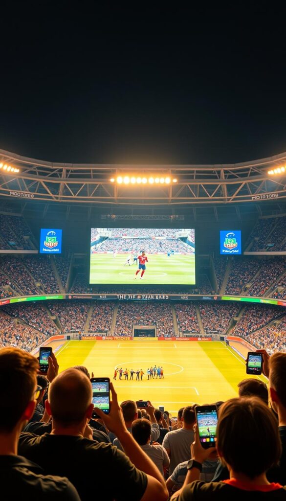 A sports stadium at night, brightly lit with 4K resolution video displays showcasing a high-intensity football match. In the foreground, a group of fans excitedly watching the game on their mobile devices, utilizing the Hoxtoon Provider IPTV service to stream the live action in stunning detail. The middle ground features a large projection screen displaying the game, with crisp, vibrant colors and sharp contrast. The background depicts the stadium's modern architecture, with towering LED screens and state-of-the-art sound systems, creating an immersive, cinematic atmosphere. The lighting is a warm, golden hue, adding to the energy and excitement of the live sports experience.