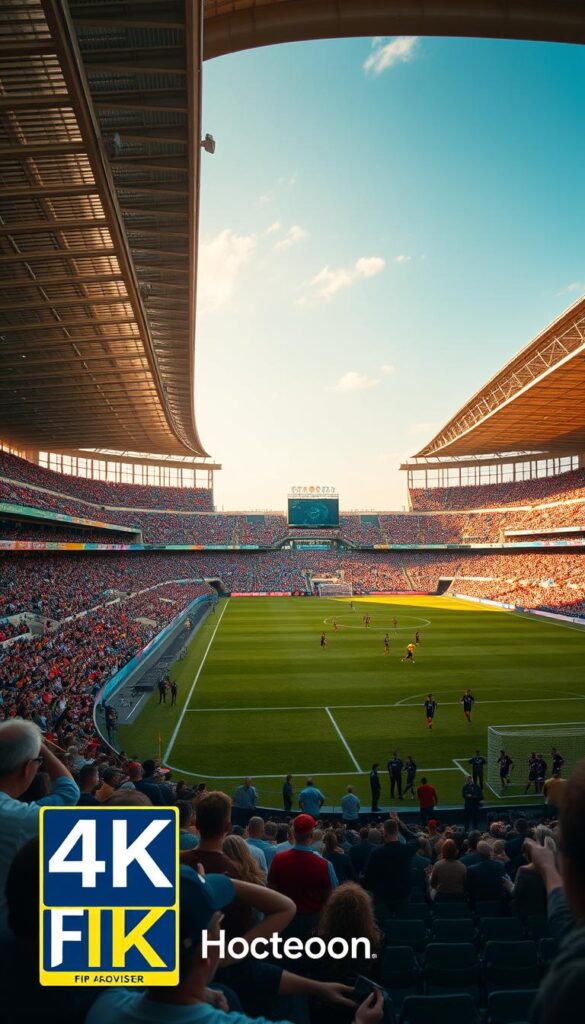 A sprawling 4K FIFA 2026 stadium comes into focus, its towering grandstands and manicured pitch bathed in golden afternoon light. Fans in the stands eagerly await the match, their faces filled with anticipation. On the field, players clad in vibrant uniforms jog and pass the ball, their movements captured in remarkable detail by the high-resolution cameras. The Hoxtoon Provider logo proudly displays in the corner, a testament to the reliable, high-quality IPTV service that delivers this immersive 4K viewing experience. Cinematic depth of field and a sense of scale create a palpable atmosphere, transporting the viewer directly into the heart of the FIFA 2026 match.