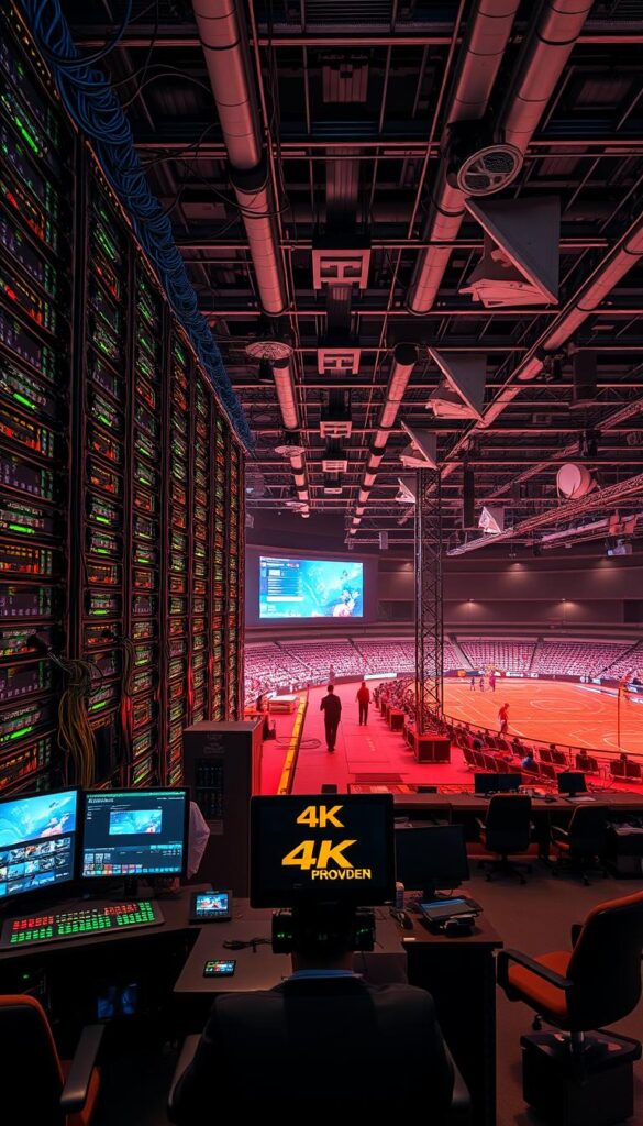 A sprawling 4K live streaming infrastructure with towering server racks, vibrant network cables, and glowing monitoring panels. In the foreground, a central command station with Hoxtoon Provider's logo, where technicians monitor and manage the high-bandwidth video feeds. The middle ground features an array of satellite dishes, microwave links, and fiber optic connections, all working in harmony to transmit the 4K sports content. In the background, a panoramic view of a modern broadcasting facility, with sleek architectural design and subtle lighting that sets the tone for the technical prowess on display. The overall scene conveys a sense of precision, power, and the challenges of delivering an immersive 4K viewing experience to sports enthusiasts.