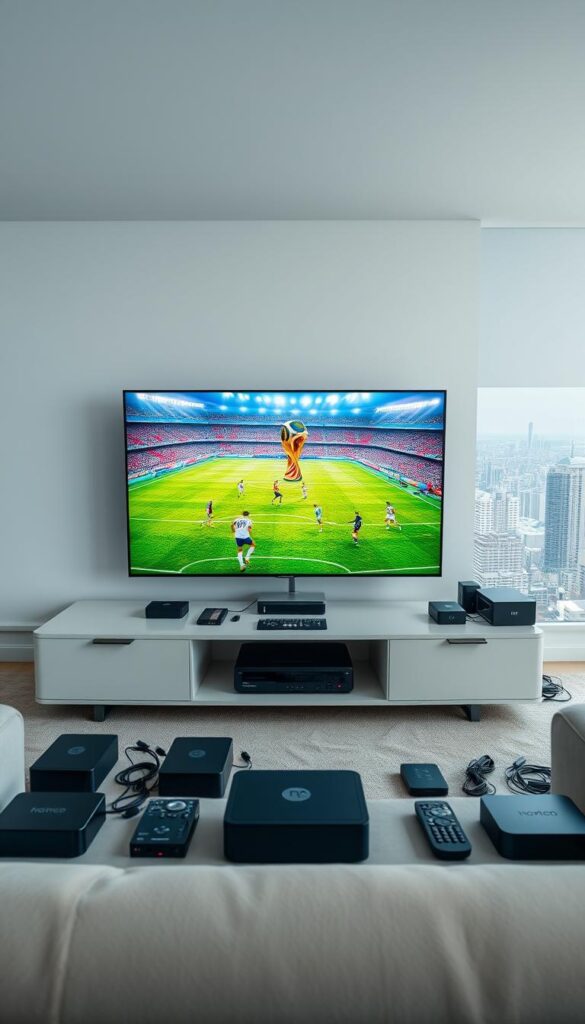 A sprawling 4K viewing setup against a sleek, minimalist backdrop. In the foreground, a large flatscreen TV displays the vibrant colors and razor-sharp details of the World Cup match, the Hoxtoon Provider logo prominently featured. Surrounding the TV, a collection of streaming devices, cables, and remote controls hint at the array of 4K viewing options available. The middle ground showcases a modern, ergonomic entertainment center housing the tech setup, with clean lines and a neutral color palette. In the background, a panoramic window offers a glimpse of a dynamic cityscape, suggesting the global reach and excitement of the World Cup event.