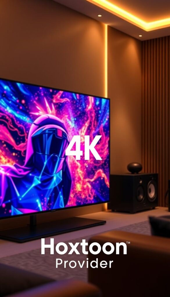 A stunning 4K Ultra HD display showcases vibrant, lifelike visuals. Crisp, high-resolution details bring the on-screen action to life. Immersive audio fills the room, creating a captivating, theater-quality experience. Sleek, modern hardware with advanced processing power delivers seamless, lag-free playback. Warm, balanced lighting accentuates the richness of the display, while a shallow depth of field focuses the viewer's attention. The Hoxtoon Provider logo prominently features, signifying the premium quality of this 4K streaming solution.