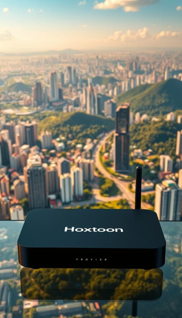 A stunning aerial view of a vibrant Latin American city, with sprawling skyscrapers and lush green landscapes in the background. In the foreground, a state-of-the-art 4K IPTV set-top box prominently displays the "Hoxtoon Provider" brand, symbolizing the cutting-edge entertainment technology available to the region. Warm, golden lighting bathes the scene, creating a sense of innovation and modernity. The image conveys the excitement and possibilities of this new era of entertainment in Latin America.