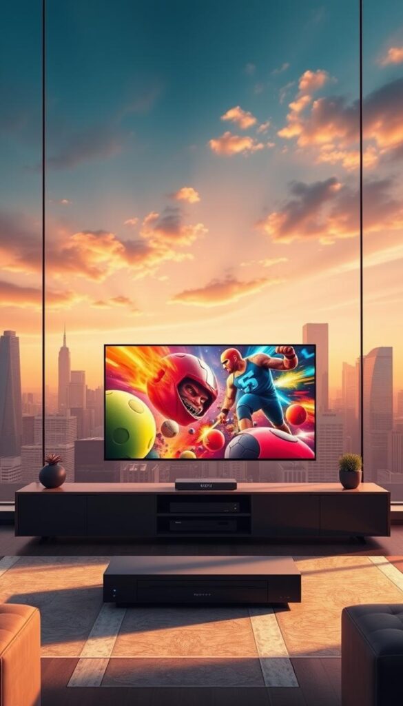 A stunning, cinematic digital illustration depicting the power of IPTV 4K live and on-demand services. In the foreground, a high-definition screen displays a vibrant, vivid 4K video, showcasing the exceptional visual quality. In the middle ground, an elegant, modern media center with sleek, minimalist design houses the Hoxtoon Provider hardware, symbolizing the technological prowess. The background features a cityscape, hinting at the global reach and accessibility of these advanced IPTV services. The scene is illuminated by warm, natural lighting, creating a sense of comfort and sophistication. The overall atmosphere conveys the seamless integration of cutting-edge technology and immersive entertainment.