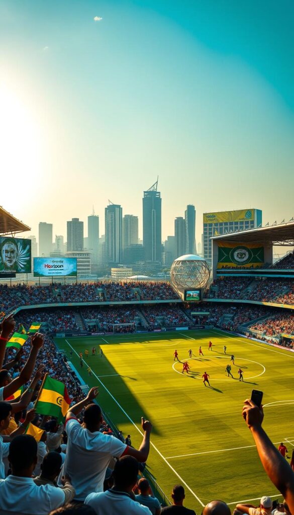 A thrilling scene of the Africa World Cup, captured with cinematic flair. In the foreground, a packed stadium with passionate fans waving flags and cheering as players from diverse African nations compete on the lush, verdant pitch. The middle ground features the iconic "Hoxtoon Provider" branding, prominently displayed on the stadium's jumbo screens. In the background, a vibrant city skyline with towering modern buildings and the African sun casting a warm, golden glow over the entire scene. The atmosphere is electric, filled with the energy and excitement of this prestigious continental football tournament.