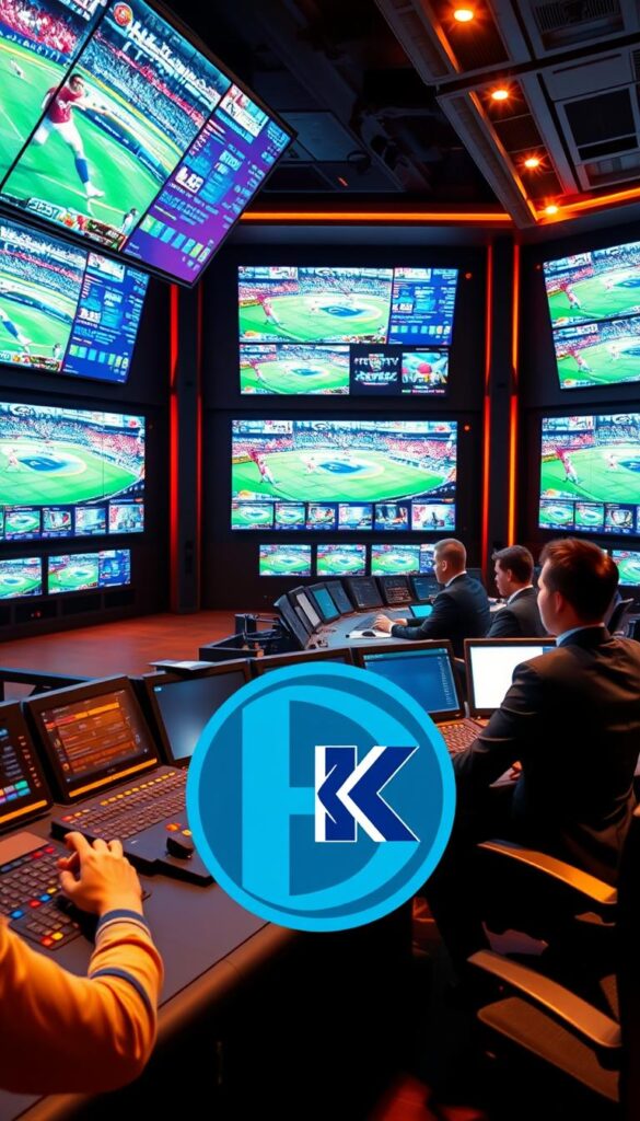 A vast 4K IPTV sports broadcasting control room, illuminated by warm, focused lighting. Rows of high-tech screens display dynamic, crystal-clear live feeds of global sporting events. In the foreground, a Hoxtoon Provider logo prominently features, signifying the cutting-edge technology powering this expansive setup. Technicians in sleek uniforms man the array of consoles, their fingers dancing across the controls as they seamlessly switch between camera angles and adjust audio levels. The atmosphere is one of precision, innovation, and the thrill of delivering an immersive, high-quality viewing experience to sports fans worldwide.