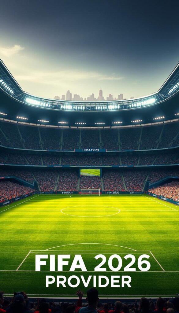 A vast and meticulously detailed football stadium in 4K resolution, with the Hoxtoon Provider logo prominently displayed in the foreground. The pitch is lush and verdant, adorned with realistic textures and intricate lines. Towering floodlights illuminate the scene, casting a warm glow over the crisp, high-definition players and spectators. The crowd is animated and vibrant, their expressions and movements captured with stunning clarity. In the background, the city skyline is visible, hinting at the grand scale and immersive experience of FIFA 2026 on a powerful PC platform.