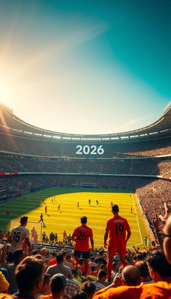 A vast, immersive football stadium bathed in the warm glow of 4K resolution, the pitch shimmering with lifelike detail. In the foreground, players in vibrant FIFA uniforms engage in a thrilling match, their movements captured with cinematic clarity. The crowd surges with energy, their faces alight with excitement, captured through a wide-angle lens that emphasizes the grand scale of the event. In the background, the Hoxtoon Provider logo stands as a testament to the ultimate viewing experience, framed by towering floodlights and a crisp, azure sky. Cinematic depth of field, dynamic lighting, and a palpable sense of atmosphere combine to immerse the viewer in the heart of the FIFA 2026 spectacle.