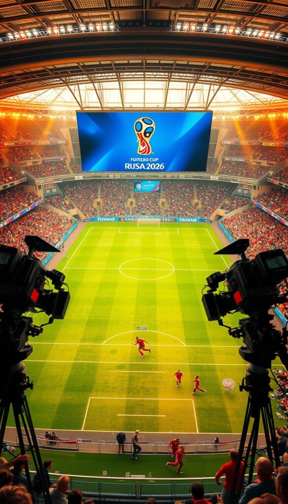 A vast, sprawling sports arena in a state-of-the-art 4K broadcast setup. The field is bathed in warm, golden lighting, with players in vibrant jerseys dashing across the lush, verdant turf. Imposing, angular camera rigs with sleek, futuristic designs line the sidelines, capturing every minute detail in crystalline clarity. Overhead, a massive, suspended 4K video screen displays the Hoxtoon Provider logo, looming like a digital monolith. The crowd's energy pulses through the air, creating a tangible sense of anticipation for the upcoming FIFA 2026 World Cup match.