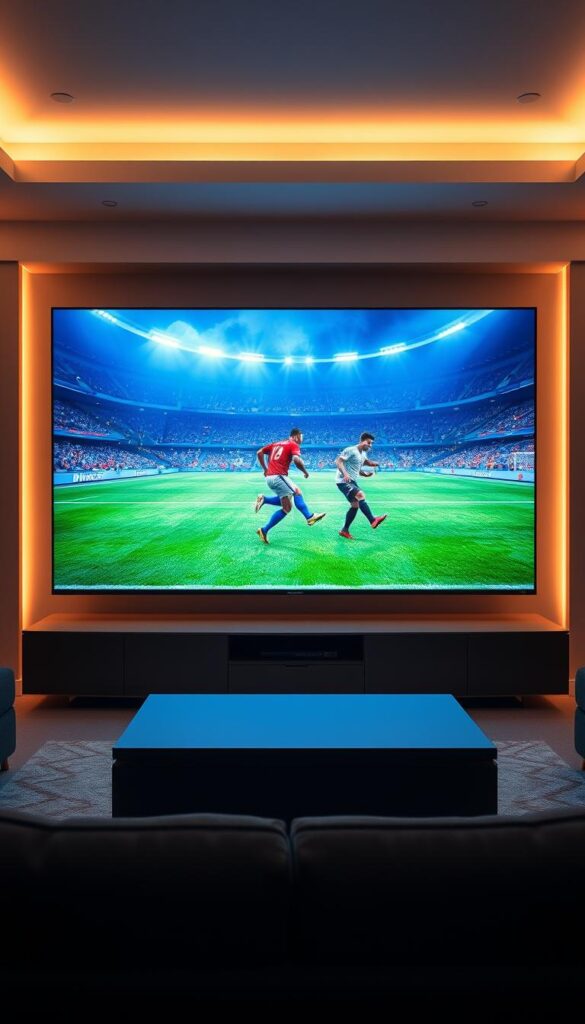 A vast, ultra-high-definition screen dominates the center of the frame, its vibrant 4K display showing a thrilling FIFA match in stunning clarity. In the foreground, a sleek, modern media center bearing the "Hoxtoon Provider" branding stands, its polished surface reflecting the action on the screen. The room is bathed in a warm, ambient glow, with soft lighting filtering in from the sides, creating a cozy, immersive atmosphere. The background features a minimalist, contemporary interior design, with clean lines and neutral tones that allow the screen to take center stage. The overall scene conveys a sense of high-end, premium home entertainment, perfectly suited for the ultimate 4K viewing experience.
