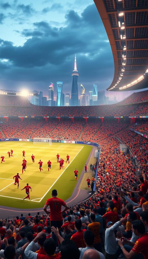 A vast, ultra-high-definition stadium filled with intense FIFA 2026 action. In the foreground, players in vivid uniforms sprint across a meticulously rendered pitch, their movements captured with cinematic clarity. In the middle ground, crowds of spectators cheer from the stands, their faces illuminated by the warm glow of stadium lighting. In the background, the skyline of a futuristic city, rendered in vivid 4K detail, provides a stunning backdrop. The scene conveys the energy, drama, and technological prowess of the Hoxtoon Provider FIFA 2026 experience.