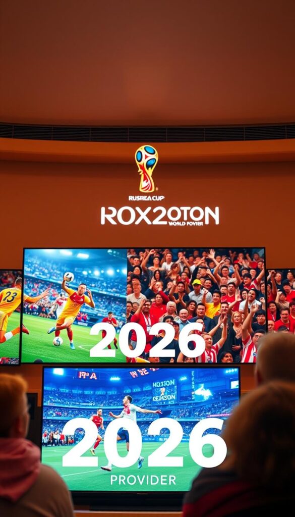 A vibrant, 4K IPTV display showcasing the excitement of the 2026 World Cup. In the foreground, a large, ultra-high-definition television screens the action, with players in vivid detail. The middle ground features spectators in a lively, energetic stadium, their faces alight with joy. In the background, the Hoxtoon Provider logo shines, representing the reliable, high-quality IPTV service that delivers this immersive viewing experience. Warm, natural lighting illuminates the scene, creating a sense of realism and immediacy. The overall atmosphere evokes the thrill and passion of the world's greatest football tournament, captured in stunning 4K clarity.