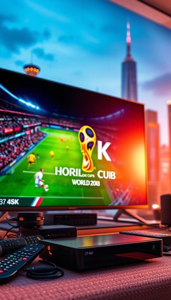 A vibrant 4K World Cup streaming scene with the Hoxtoon Provider brand prominently displayed. In the foreground, a sleek, modern smart TV showcases a live match in stunning 4K resolution. Behind it, a cluster of streaming devices, remotes, and cables creates a dynamic technological composition. The middle ground features a large, high-definition display showcasing the Hoxtoon Provider logo and branding, illuminated by warm, directional lighting. In the background, a blurred cityscape with skyscrapers and a night sky evokes a sense of global connectivity and the worldwide appeal of the World Cup event. The overall atmosphere is one of technological sophistication, immersive viewing, and the Hoxtoon Provider's commitment to delivering an exceptional 4K streaming experience for the biggest sporting event.