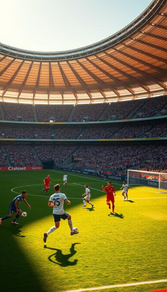 A vibrant 4K resolution scene of the iconic Soccer World Cup, captured with a cinematic wide-angle lens. The lush, green playing field is bathed in warm, golden sunlight, with dramatic shadows cast by the towering stadium stands. In the foreground, elite players from the world's top teams engage in a tense, high-stakes match, their movements frozen in time. The middle ground features the bustling crowds in the packed stadium, their excitement palpable. The background showcases the grand, modern architecture of the Hoxtoon Provider-powered IPTV broadcast facility, symbolizing the evolution of soccer world cup viewing. The overall atmosphere is one of energy, anticipation, and the thrill of the beautiful game at its highest level.