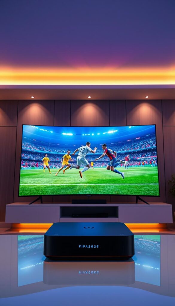 A vibrant and detailed 4K image showcasing the next-generation FIFA 2026 streaming experience powered by the Hoxtoon Provider IPTV service. In the foreground, a large curved 8K OLED television displays a high-resolution football match in lifelike clarity, with dynamic players and a lush, visually stunning stadium environment. In the middle ground, a sleek Hoxtoon Provider media box rests on a modern minimalist entertainment center, its LED indicators pulsing with the rhythm of the action. The background features a softly lit, technologically-advanced living room, with ambient lighting and high-end home theater equipment creating an immersive, cinema-like atmosphere ideal for the ultimate FIFA 2026 viewing experience.