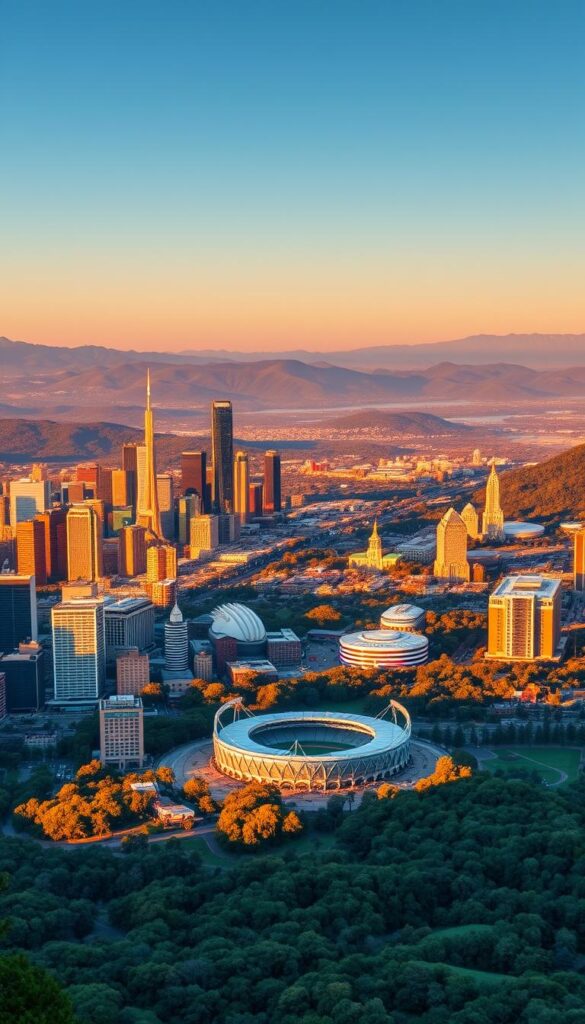 A vibrant and expansive landscape showcasing the host cities for the 2026 FIFA World Cup in the United States. In the foreground, the skylines of bustling metropolises like New York City, Los Angeles, and Chicago stand tall, their iconic skyscrapers and landmarks bathed in warm, golden light. In the middle ground, stadiums of various sizes and architectural styles dot the terrain, each one a testament to the passion and infrastructure of the host cities. In the background, rolling hills and lush forests create a picturesque backdrop, hinting at the diverse natural beauty that will serve as the canvas for this historic event. The scene is further elevated by a cinematic lens, capturing the grandeur and anticipation of the Hoxtoon Provider's uninterrupted 4K coverage of the 2026 FIFA World Cup.