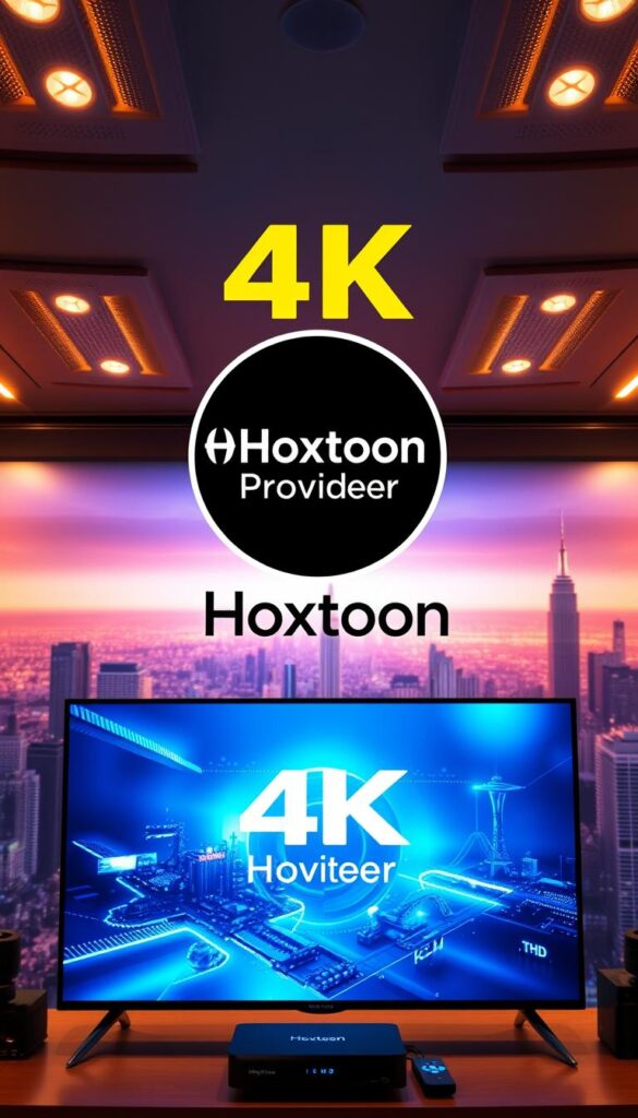 A vibrant and technologically advanced IPTV system, with the Hoxtoon Provider logo prominently displayed in the center. The foreground features a 4K UHD television screen, showcasing a crystal-clear, high-resolution image. The middle ground includes various IPTV devices, such as a set-top box and streaming dongle, conveying the versatility of the Hoxtoon Platform. The background depicts a futuristic cityscape, hinting at the global reach and cutting-edge nature of the Hoxtoon Provider's IPTV services. The scene is illuminated by warm, directional lighting, creating a sense of professionalism and reliability. The overall atmosphere exudes a feeling of technological sophistication and a guarantee of exceptional 4K resolution.