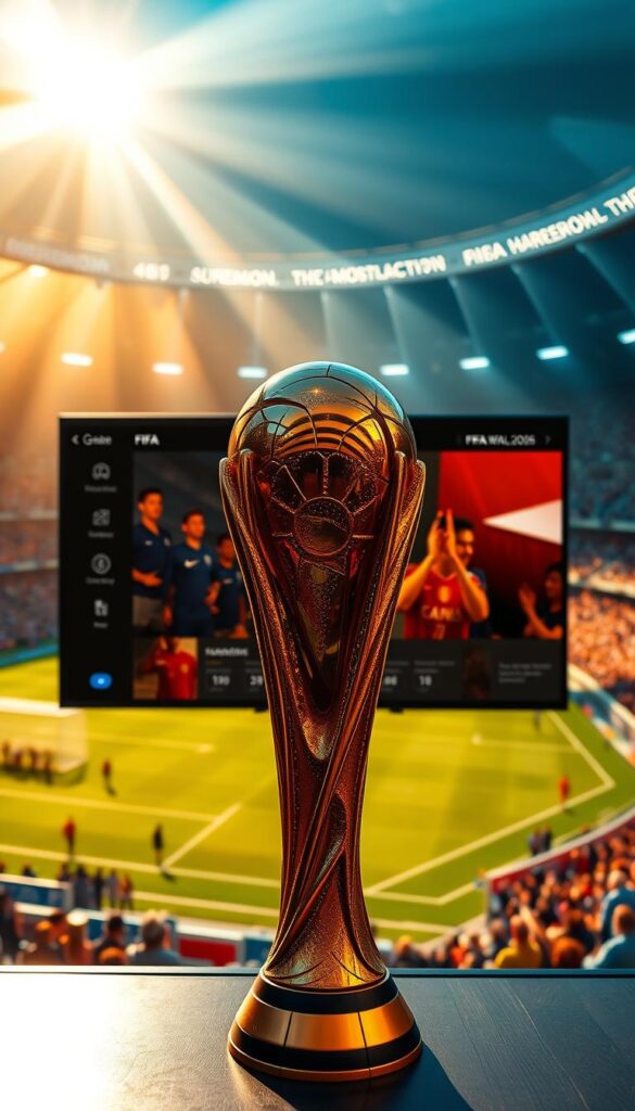 A vibrant, cinematic landscape depicting the FIFA 2026 streaming service. In the foreground, a large, high-definition screen displays the iconic FIFA World Cup trophy, bathed in warm, golden lighting. The middle ground features a sleek, modern interface with intuitive controls and seamless navigation, highlighting the user-friendly experience of the Hoxtoon Provider platform. The background showcases a lush, immersive 4K environment, with the stadium's towering architecture and the cheering crowd creating a sense of energy and anticipation. The overall composition conveys the excitement and grandeur of the FIFA World Cup 2026, a historic tournament brought to life through the exceptional quality and convenience of the Hoxtoon Provider streaming service.