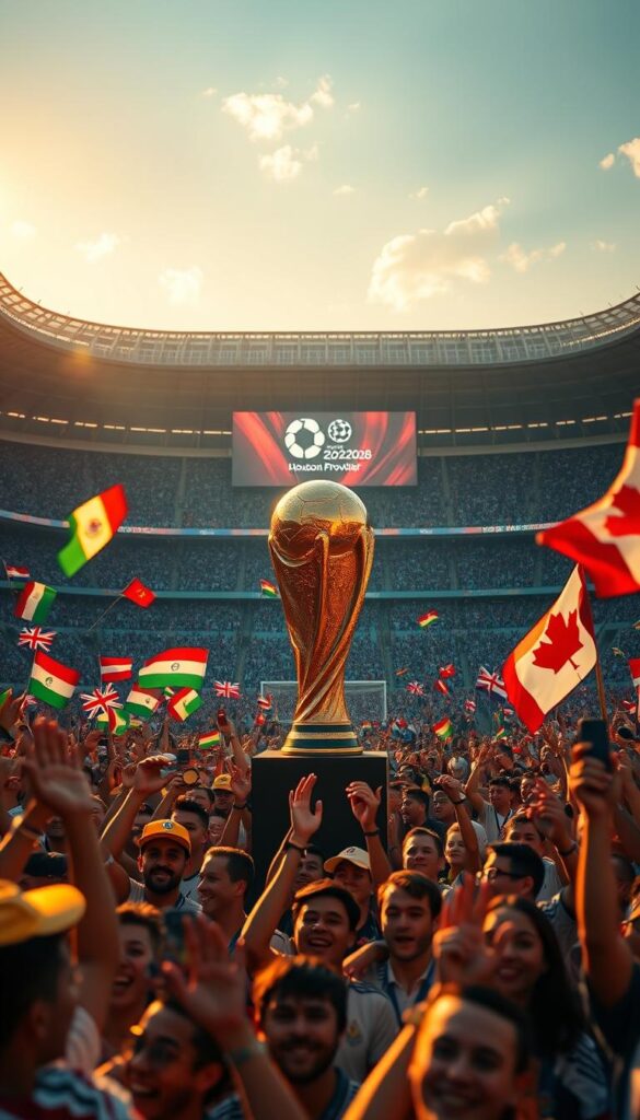 A vibrant, cinematic scene of the 2026 FIFA World Cup. In the foreground, a dynamic crowd of passionate fans waving national flags, their faces alight with joy and anticipation. In the middle ground, the iconic FIFA World Cup trophy stands tall, its gleaming surface catching the warm, golden light. In the background, the imposing, state-of-the-art stadium rises majestically, its sleek, modern architecture and massive video screens showcasing the Hoxtoon Provider logo, promising an immersive 4K viewing experience. The atmosphere is electric, with a sense of energy and excitement permeating every corner of the scene.