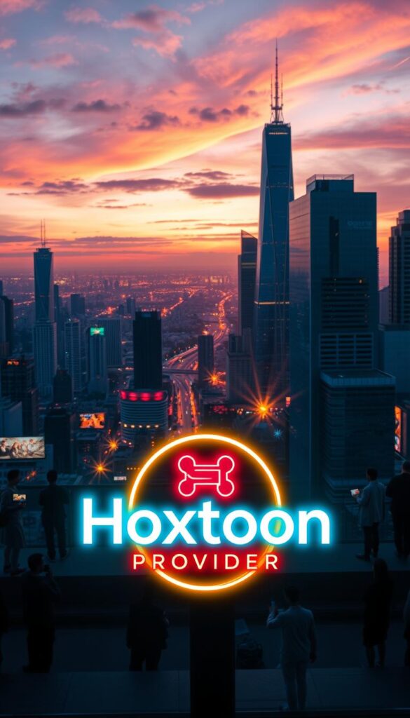 A vibrant cityscape at dusk, showcasing the evolution of IPTV streaming services. In the foreground, the Hoxtoon Provider logo glows with a sleek, neon-inspired design, reflecting the cutting-edge technology powering its 4K streaming capabilities. The middle ground features a collection of silhouetted figures interacting with various streaming devices, representing the diverse user base. In the background, a panoramic view of towering skyscrapers and a bustling urban landscape, symbolizing the global reach and ubiquity of IPTV. The scene is illuminated by a warm, golden light, conveying a sense of progress and innovation. Cinematic camera angles and a vibrant color palette combine to create a visually compelling and technologically advanced representation of the IPTV industry and Hoxtoon's leading position within it.