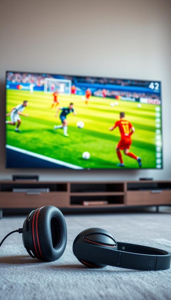 A vibrant, immersive 4K soccer viewing experience with the Hoxtoon Provider. A large, ultra-high-definition screen dominates the frame, showcasing the vivid colors and sharp details of a live soccer match. The players appear lifelike, their movements captured in crisp, high-resolution clarity. Soft, natural lighting bathes the scene, creating a warm and inviting atmosphere. In the foreground, a pair of high-quality gaming headphones sit ready, their sleek design and premium materials hinting at the immersive audio to come. The background is a minimal, clean-lined living room, placing the focus squarely on the mesmerizing 4K display and the captivating action it presents.