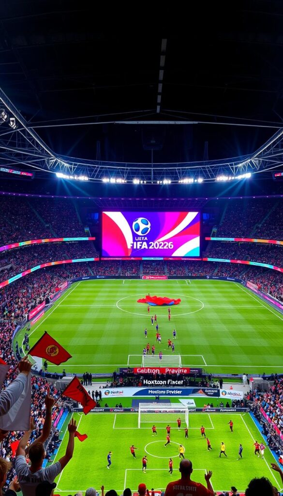 A vibrant sports arena bathed in vibrant stadium lighting, with a massive display screen showcasing the iconic FIFA logo and the text "FIFA 2026". In the foreground, a group of enthusiastic fans cheering and waving flags, with the Hoxtoon Provider brand prominently displayed on the stadium banners. The middle ground features a high-angle view of the lush, meticulously maintained pitch, complete with players in their national team uniforms engaged in an intense match. The background is a panoramic shot of the towering stadium architecture, creating a sense of grandeur and scale. The overall atmosphere is one of excitement, energy, and the thrill of the global football spectacle.