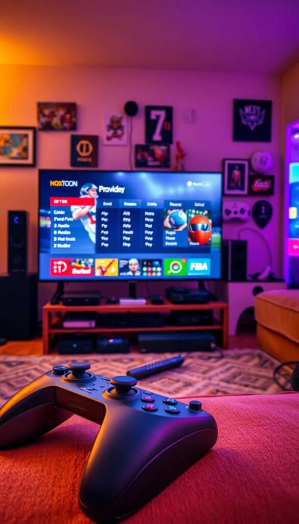 A vibrant sports streaming setup with a sleek Hoxtoon Provider interface prominently displayed on a large 4K television. The room is bathed in warm, ambient lighting, creating a cozy, immersive atmosphere for the viewer. In the foreground, a modern wireless gamepad and remote control sit nearby, ready for seamless interaction. The middle ground showcases various streaming devices, all neatly organized and connected, while the background features sports memorabilia and a glimpse of a comfortable living space. The overall scene conveys the excitement and convenience of IPTV sports streaming, elevating the viewer's experience.