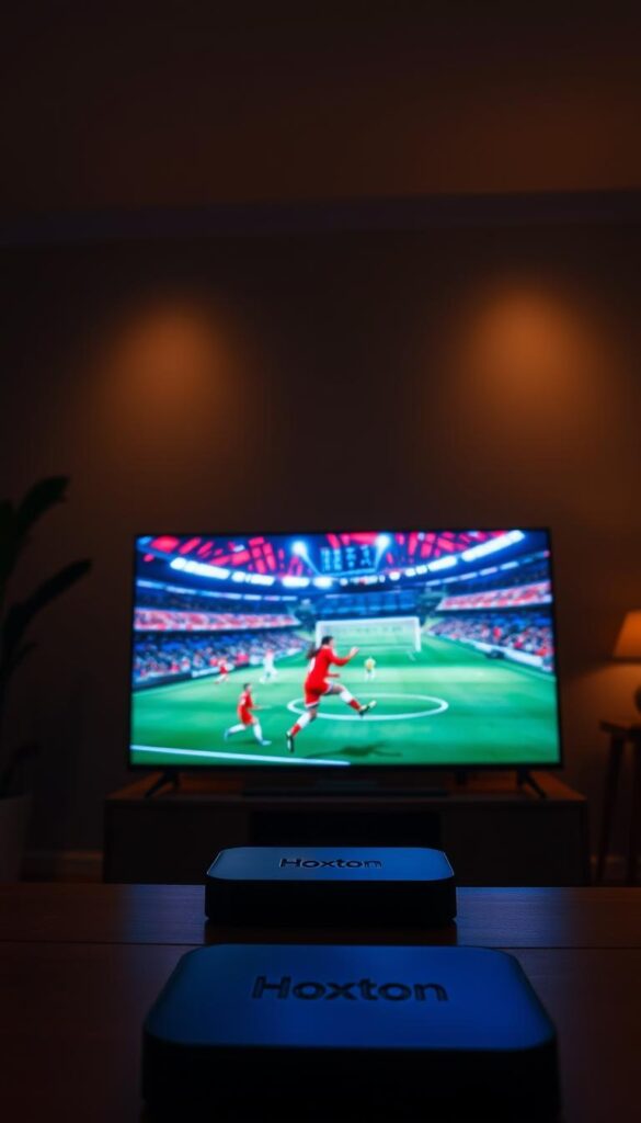 A vibrant, ultra-high-definition display showcases the FIFA 2026 World Cup live stream on an Android IPTV device. The foreground features the Hoxtoon Provider logo, prominently displayed. The middle ground depicts vivid game footage and player action, captured with a cinematic 24mm lens. The background immerses the viewer in a dimly lit living room setting, creating a cozy atmosphere perfect for a captivating match. Soft, warm lighting casts a subtle glow, complementing the dynamic on-screen visuals. The overall scene conveys the excitement and convenience of watching the FIFA 2026 tournament on an Android IPTV platform powered by Hoxtoon Provider.