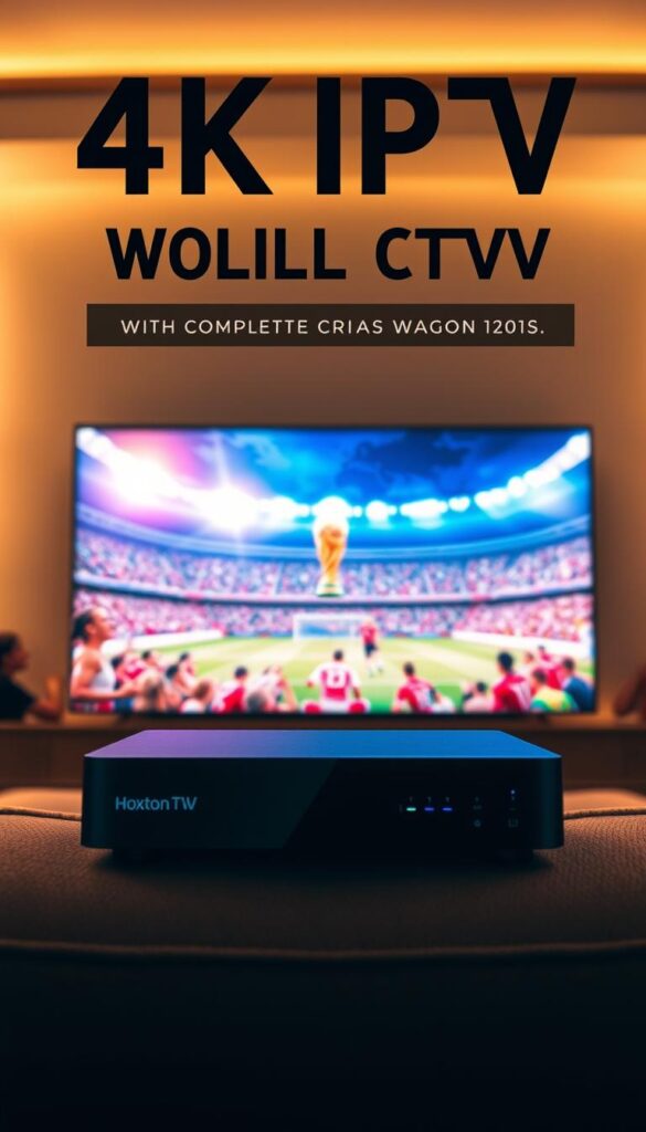 A visually striking 4K IPTV World Cup scene, showcasing the comprehensive plans offered by Hoxtoon Provider. In the foreground, a large, vibrant 4K television displays the excitement of a crucial World Cup match, its crisp, detailed image captivating the viewer. In the middle ground, a sleek, modern device - the Hoxtoon Provider set-top box - sits prominently, highlighting the technology that enables this immersive 4K experience. The background features a stylized world map, subtly hinting at the global reach and content diversity of the Hoxtoon Provider 4K IPTV service. The lighting is warm and inviting, creating a sense of comfort and premium quality. The overall composition conveys the seamless integration of cutting-edge technology and world-class entertainment, provided by the trusted Hoxtoon Provider brand.