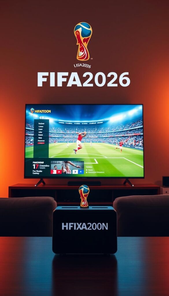 A vivid, high-resolution image of the FIFA2026 IPTV streaming service provided by Hoxtoon Provider. The foreground features the Hoxtoon logo and branding, with a 4K sports broadcast playing on a modern smart TV. The middle ground showcases a seamless user interface, emphasizing the ease of access to live matches and highlights. The background depicts a lively soccer stadium, capturing the energy and excitement of the 2026 FIFA World Cup. The lighting is warm and cinematic, creating a premium, immersive viewing experience. The overall mood is one of anticipation and high-quality entertainment.