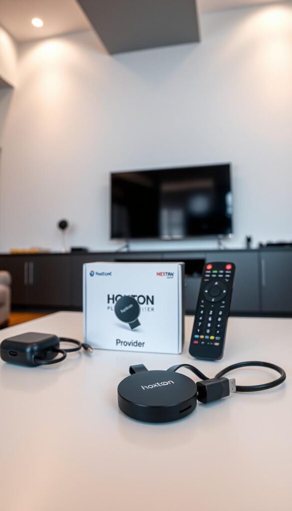 A well-lit, detailed image showcasing the essential equipment for an IPTV 4K Chromecast setup. In the foreground, a Chromecast device, HDMI cable, and power adapter rest on a clean, minimalist surface. In the middle ground, a Hoxtoon Provider box and remote control are prominently displayed, highlighting the core components. The background features a modern, neutral-toned interior with subtle hints of technology, creating a sleek and professional atmosphere. The lighting is soft and directional, emphasizing the shapes and textures of the equipment. The camera angle is slightly elevated, offering a comprehensive view of the setup.