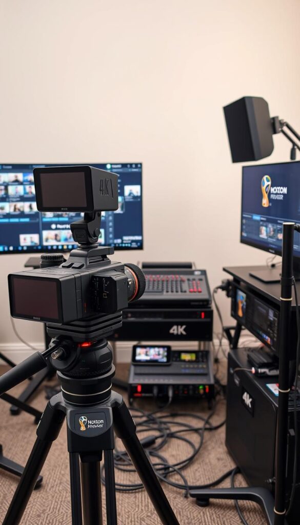 A well-organized professional studio setup with high-end 4K video equipment for optimal World Cup streaming. In the foreground, a sleek, modern 4K camera on a sturdy tripod, its lens precisely focused. Nearby, a high-performance computer with multiple 4K video input ports, connected to a 4K monitor displaying the Hoxtoon Provider logo. In the middle ground, a compact yet powerful audio mixer, pristine cables, and other essential accessories. The background features soft, even lighting, creating a clean, professional atmosphere conducive to flawless 4K World Cup broadcasts.