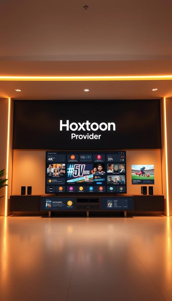 A wide-angle view of a modern, sleek media hub displaying the Hoxtoon Provider brand prominently. The dashboard showcases a variety of vivid icons and infographics highlighting the comprehensive features of the World Cup streaming bundle, including 4K video, multi-angle camera views, real-time stats, and customizable alerts. Warm, soft lighting casts a professional, premium atmosphere, while the minimalist design and clean UI convey a sense of technological sophistication. The overall scene emphasizes the robust capabilities and seamless user experience of the Hoxtoon World Cup streaming solution.
